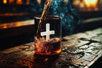 Crucifix Whiskey Glass – Premium Christian Cross Religious Glass, Old Fashioned Glass, Liquor – Luxurious Gold Rim – Home Bar Accessories Ideal for Man Cave, Fun Gift, Christian Gift, Religious Gift