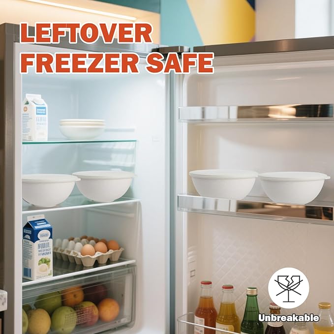 alternative plastic bowl set with lids,unbreakable wheat straw bowls 40oz suitable for indoors and outdoors,overnight foods container with cover. White