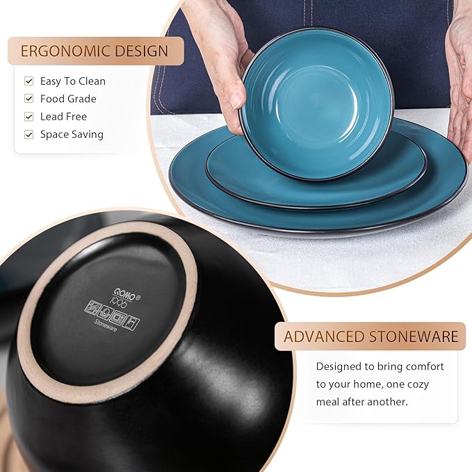 Plates and Bowls Sets for 4 - CJDC-QUELO 12-Piece Stoneware Dinnerware Sets, Ceramic Dishware Set for Indoor Kitchen Use and Formal Dining, Chip and Scratch Resistant Microwave Dishwasher Safe