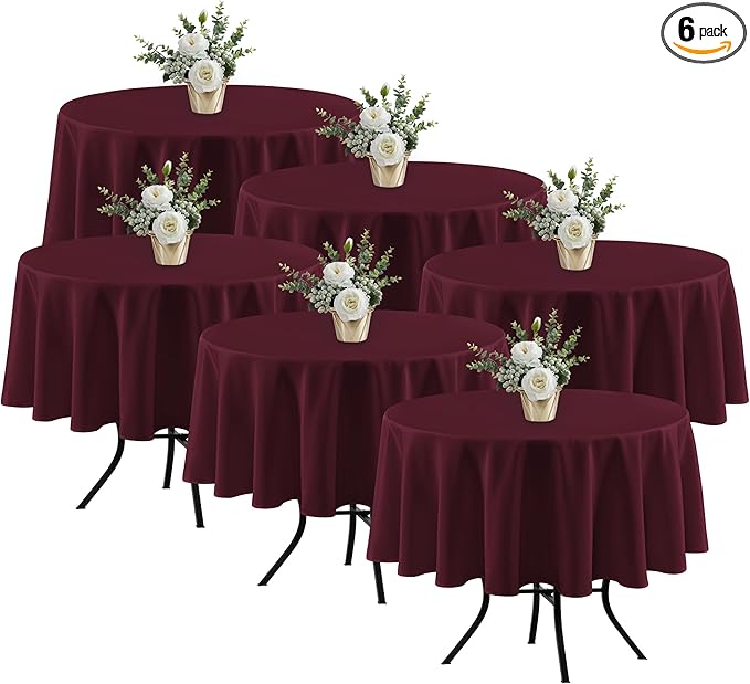 Fitable 6 Pack Burgundy Round Table Clothes - 70 Inches in Diameter - Stain Resistant and Washable Tablecloths, Polyester Fabric Table Covers for Wedding, Party, Banquet, Gathering