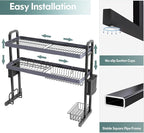 MAJALiS Over Sink Dish Drying Rack, Stainless Steel 2 Tier Large Dish Drainer Above Sink Adjustable 27.5" - 34.6", Expandable Kitchen Counter Organizer Storage Shelf with 6 Hooks