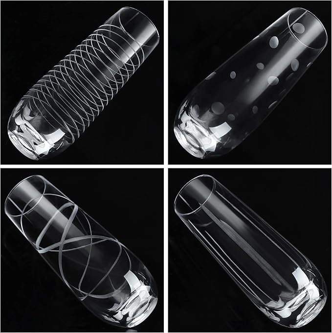 Joeyan Etched Champagne Flutes Glasses Cups,Handmade Mouth Blown Aesthetics Glassware Art Decoration,Home Bar Essentials,Gifts for Wedding Anniversary Daily Use,Set of 4,9.8 oz,Dishwasher Safe