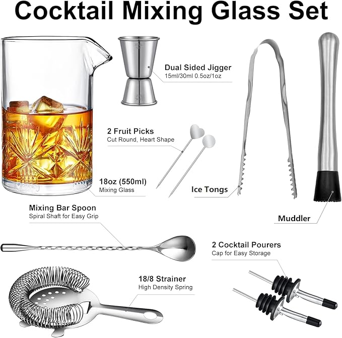 Cocktail Mixing Glass, veecom 18oz Mixing Glass 10 Piece Old Fashioned Kit, Cocktail Mixing Glass Set Bartender Kit with Cocktail Strainer, Muddler, Spoon, Jigger, Ice Tongs, Picks, Pourers, Bar Set