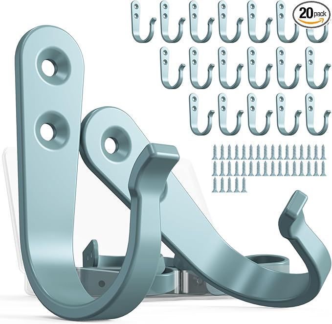 20PCS Heavy Duty Metal Wall Hooks, Coat Hooks for Hanging - Single Prong with 40 Screws (Coats Towels Backpacks) - Light Blue