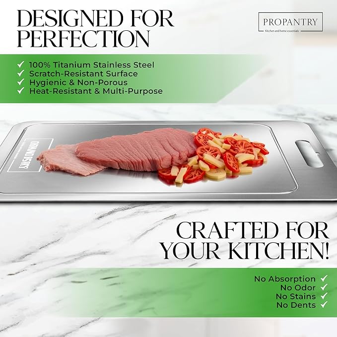 Titanium Cutting Board 2Pcs - 100% Pure Titanium Stainless Steel Cutting Board, Durable and Hygienic Surface for Kitchen Use, Non-Slip Edges, Easy to Clean, Ideal for Professional and Home Chefs