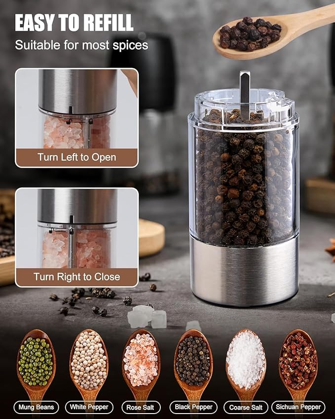 GiveBest Electric Salt and Pepper Grinder Set – Rechargeable Stainless Steel Mills, 100 ml Automatic Shakers Set with 6-Level Adjustable Coarseness and Light, Upgraded Larger Capacity