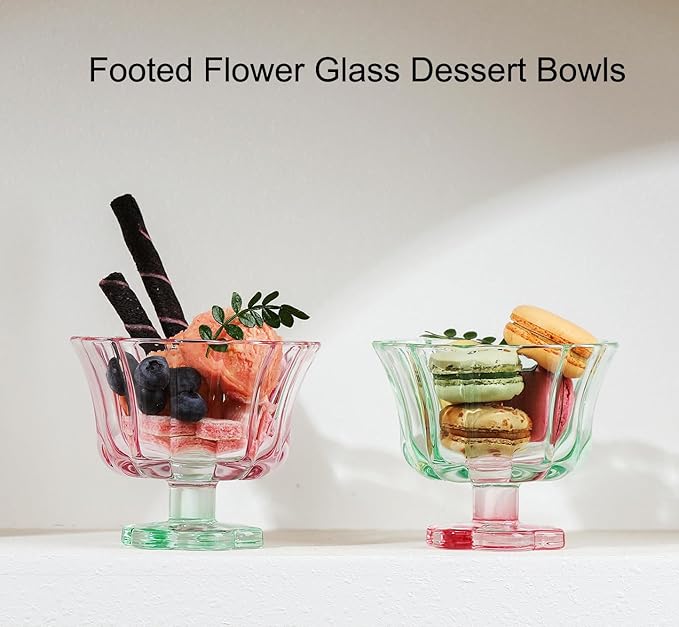 Ice Cream Bowls Drinking Glass Cups Set of 2 (Pink & Green), Flower Petal Style Glasses, 8.5oz, Suitable for Ice cream, Cocktails, Dessert & More.