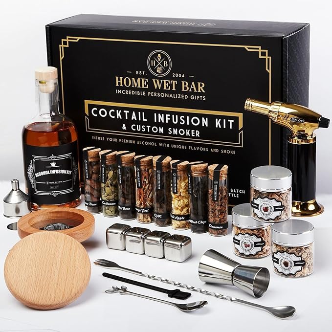 24 pc Whiskey Smoker & Cocktail Infusion Kit with Torch | Ultimate Whiskey Making Set | Smoker Top, Infusion Bottle, 8 Botanicals, Stones & Wood Chips