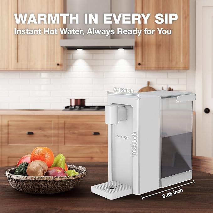 AIRHOP Instant Hot Water Dispenser, Quick Heating Countertop Water Dispenser with Child Locks, Adjustable 5 Temp 3 Water Volume Dispense, 100OZ 3L Removable Tank, Ideal for Home Office Kitchen, White