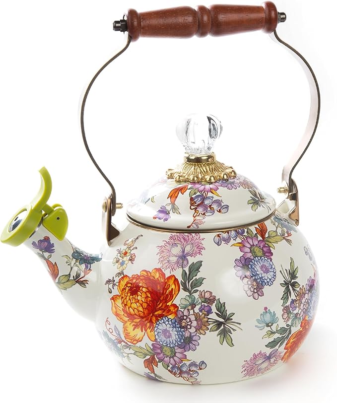 MACKENZIE-CHILDS Enamel Whistling Tea Kettle, Decorative Teapot for Stovetop, White Flower Market