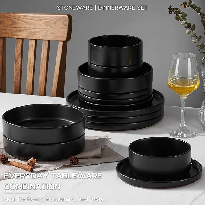 Stoneware Dinnerware Set for 2 with Pasta Bowl, Onader 8 Piece Plates and Bowls Dish Dinner Set, Microwave & Dishwasher Safe - Ebony Black