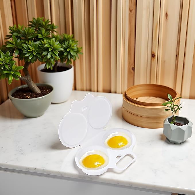 White Egg Poacher, Microwave Egg Boiler Poacher, 2 Cavity Nonstick Poached Egg Maker With Lid, Egg Poacher Microwave Egg Cooker, Double Drain Poached Egg Cups Cookware,Kitchen and Dining