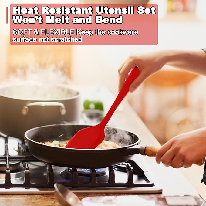 E-far Silicone Cooking Utensils Set, 24Pcs Heat Resistant Kitchen Utensil with Holder, Silicone Kitchen Tools with Spatula Turner Spoon Tongs Whisk, Non-Toxic & Dishwasher Safe (Red)