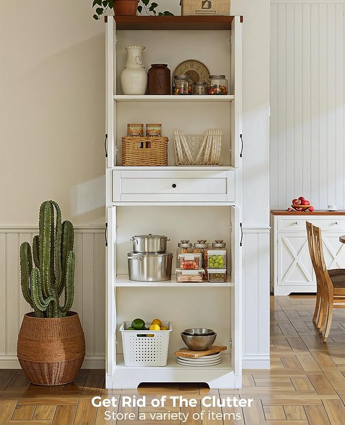 68'' Farmhouse Kitchen Pantry Cabinet with Adjustable Shelves, Tall Storage Cabinet with Barn Doors, Freestanding Versatile Cupboard for Dining Room, White+Walnut