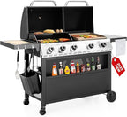 5 Burner Griddle Grill Combo, 2 in 1 Propane Gas BBQ Grill with Porcelain-Enameled Cast Iron Grates & Pan, Outdoor Flat Top Griddle, 695 Sq. In. Propane Barbecue Grill for Patio Backyard Balcony