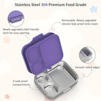 Stainless Steel Bento Box Kids, Leak Proof Metal Bento Lunch Box,3 Compartments 304 Stainless Steel Bento Lunch Containers for School and Office,Dishwasher Safe, BPA-Free(Purple)