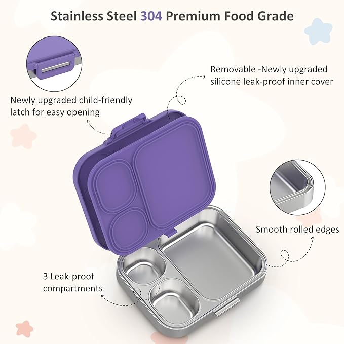 Stainless Steel Bento Box Kids, Leak Proof Metal Bento Lunch Box,3 Compartments 304 Stainless Steel Bento Lunch Containers for School and Office,Dishwasher Safe, BPA-Free(Purple)