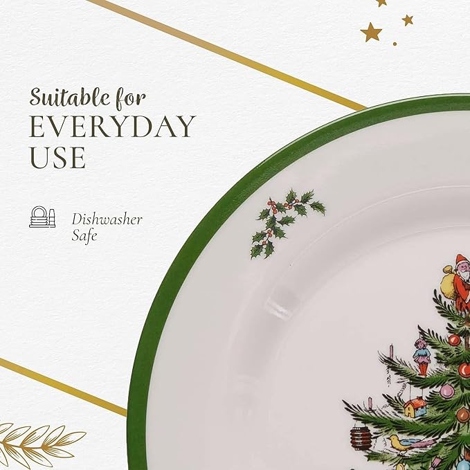 Spode Christmas Tree Melamine Salad Plate (Set of 4) - 8 Inch Shatterproof Serving Plate for Holiday Meals, Holiday Party - Festive Tableware for Indoor & Outdoor Use, Dishwasher Safe Dinnerware