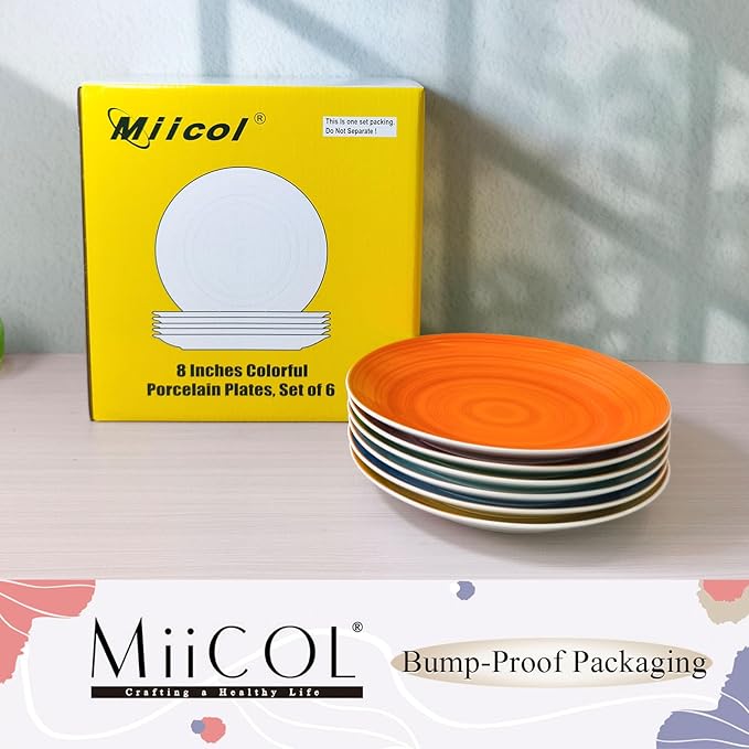 Miicol Ceramic Dessert Plates Set of 6, Colorful Appetizer Plates 8 Inch, Stackable Salad Dishes, Small Dinner Plates, Durable Dinnerware for Kitchen, Party, Wedding, Microwave and Dishwasher Safe