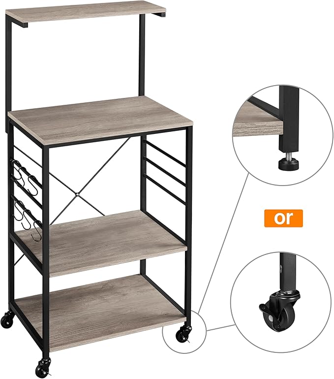Yaheetech Kitchen Bakers Rack on Wheels(16D x 24W x 50H Inches), Microwave Stand Kitchen Cart, Rolling Coffee Bar Cart with 6 S-Side Hooks and Adjustable Feet, Utility Storage Shelf, Gray