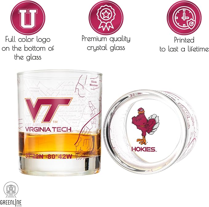 Greenline Goods – Virginia Tech University Hokies College Whiskey Glasses (Set of 2), 10 oz – Full-Color Logo + Campus Map