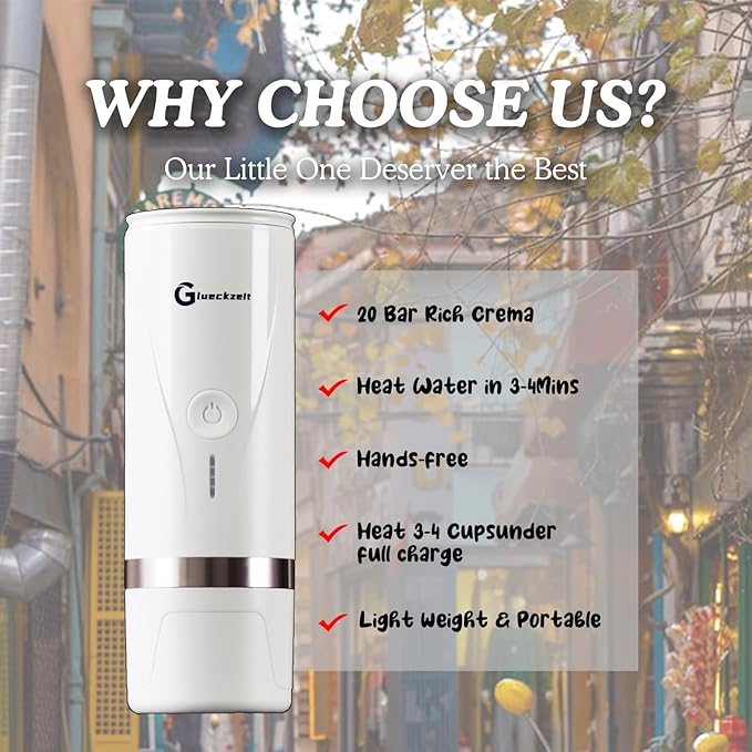 Portable Electric Espresso Machine, Car Travel Self-Heating Electric Coffee Maker for Camping with Type-C, Suitable for ground coffee and Ns capsules for RV, Hiking, Office Spring Travel White Heating