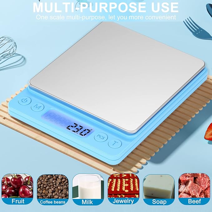 Digital Food Scale for Food Ounces and Grams，YONCON 3000g/0.1g Accuracy Multifunctional Kitchen Scale for Cooking, Baking | Small Size for Easy Storage | 2 Trays，Tare Function
