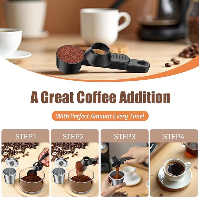 CAPMESSO Coffee Scoop & Funnel for Reusable K Cup Refillable Coffee Pods: 2 Tablespoon Coffee Measuring Scoop - Easy Slide Scoop for Ground Coffee, Protein Powder, Tea without Spilling (2 Pack)