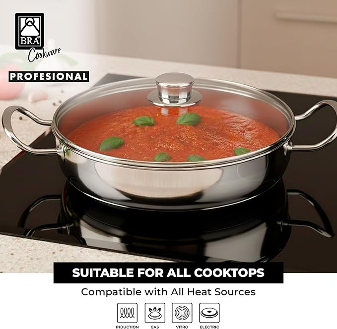 BRA COOKWARE Profesional 8-Piece Stainless Steel Cookware Set | Professional Pots & Pans Set | Kitchen Set w/ 2 Pots, 1 Sauté Pan, 2 Frying Pans, 3 Lids | All Heat Sources Compatible | PFOA Free
