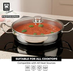 BRA COOKWARE Profesional Sauté Pan w/Glass Lid | 10.2 inches - 3.2 quarts Professional Deep Pan | Stainless Steel Sauté Pan | All Stovetop Compatible | 100% PFOA Free | Brushed Finish