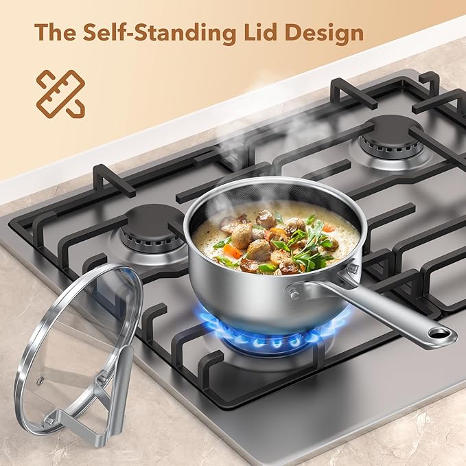 PekGema Saucepan with Lid, Hybrid Nonstick Sauce Pot 1.5 Quart, Tri-Ply Stainless Steel, PFOA FREE Small Pot, Induction Compatible, Oven and Dishwasher Safe