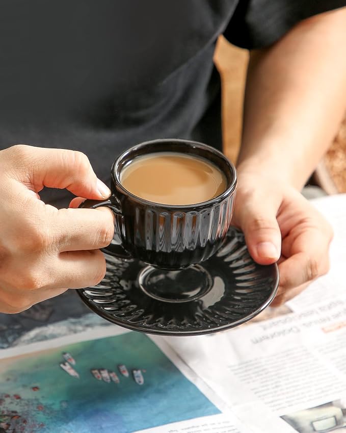 Hasense 4 Oz Espresso Cups with Saucers Set of 4, Ribbed Cappuccino Cups Ceramic for Coffee,Espresso,Double shot,Latte and Macchiato, Demitasse Cups Set Aesthetic Gift, Black