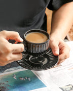 Hasense 4 Oz Espresso Cups with Saucers Set of 4, Ribbed Cappuccino Cups Ceramic for Coffee,Espresso,Double shot,Latte and Macchiato, Demitasse Cups Set Aesthetic Gift, Black