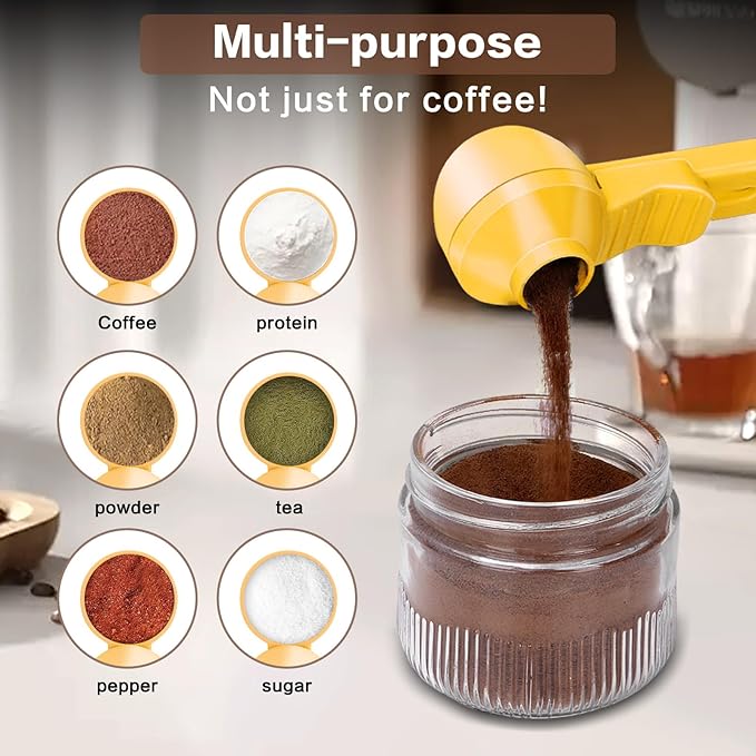 2-in-1 Coffee Scoop with Funnel, 2 Teaspoon Measuring Spoon for Reusable Pods, Ground Coffee, Protein Powder & Tea, Mess-Free Plastic Design (Yellow)