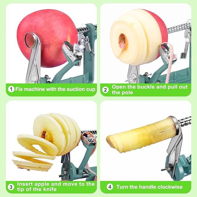Apple Peeler Corer, Long lasting Chrome Cast Magnesium Alloy Apple Peeler Slicer Corer with Stainless Steel Blades and Powerful Suction Base for Apples and Potato(DeepGreen)