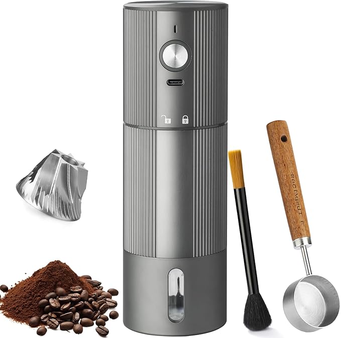Portable Coffee Grinder Electric Burr Coffee Grinder with 45 Adjustable Settings, Rechargeable Coffee Grinders for Espresso, Travel, Camping and Office (Silver)