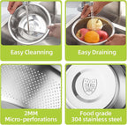 304 Stainless Steel Colander Microporous with Mixing Bowls, 2-Quart Strainers and Colanders for Kitchen, Food-Grade Strainer for Washing Vegetables, Fruit and Rice, Dishwasher Safe(2PCS)