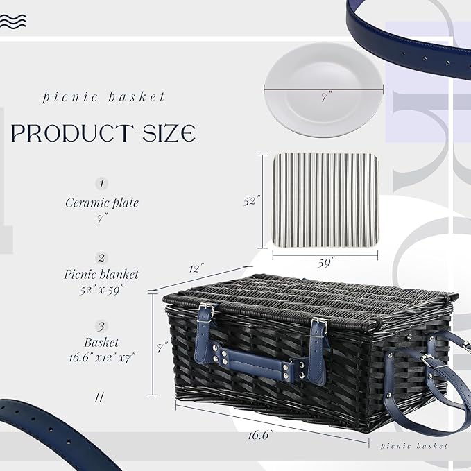 Picnic Basket Set for 4 with Waterproof Blanket Mat Insulation Bag Wicker Classic Navy Blue Black Stripe Gift for Wedding Birthday Summer Camp Outdoor Camping Travel Christmas Thanksgiving