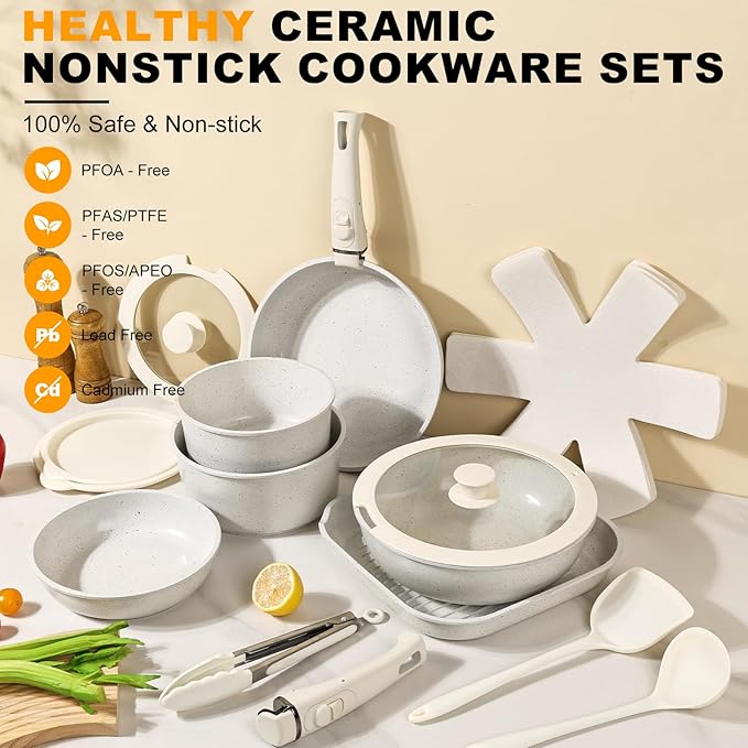 20 Pcs Pots and Pans Set Non Stick, Ceramic Cookware Set Detachable Handle, RV Kitchen Cooking Set Removable Handles, Oven Safe, Induction ReadyStackable Non-stick set, White