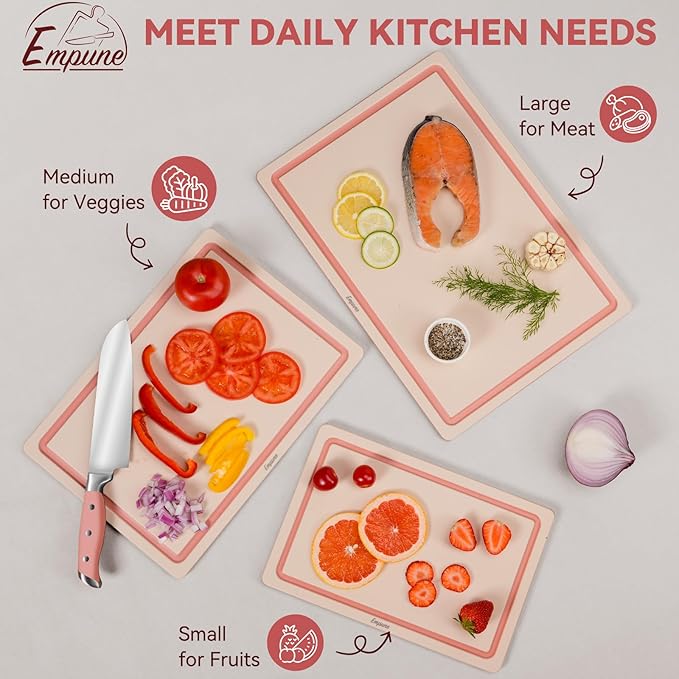 Empune Plastic Cutting Board Set, Recycled Plastic Cutting Boards for Kitchen (Set of 3), Dishwasher Safe Large Chopping Board with Holder, Non-slip Feet and Juice Grooves, Nonporous, Pink