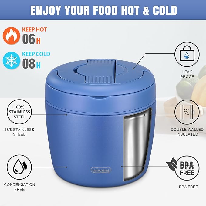 Thermo Food Jar for Hot Food Adults 32OZ Soup Thermo Lunch Containers Wide Mouth Vacuum Insulated Stainless Steel Leakproof Bento Box with Spoon (Blue)