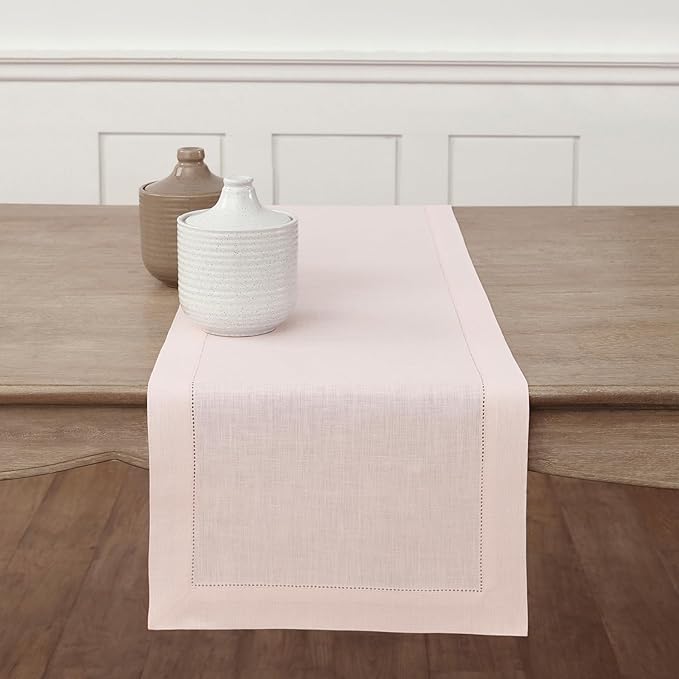 Solino Home Linen Pink Table Runner 48 Inches - Classic Hemstitch, 100% Pure Linen Coffee Table Runner 14 x 48 Inch Ideal for Dresser Tables - Summer, Halloween