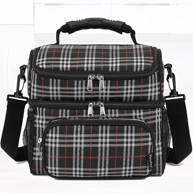 FlowFly Double Layer Cooler Insulated Lunch Bag Adult Lunch Box Large Tote Bag for Men, Women, With Adjustable Strap,Front Pocket and Dual Large Mesh Side Pockets