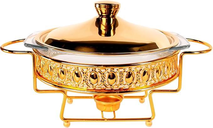 Casserole Dish 9"Glass Baking Dish with Stainless steel Lid and rack, Golden round 1.5 Qt Baking Pan For Casserole & Lasagna, Microwave Dishwasher Freezer Oven Safe