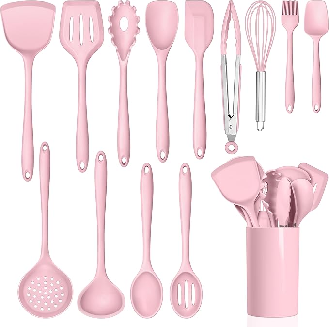 HaWare Kitchen Utensils, 14 PCS Silicone Cooking Utensils Set, Heat Resistant Kitchen Utensils for Non-stick Cookware, Kitchen Gadgets Tools with Spoons, Spatulas, Whisk, Dishwasher Safe (Pink)
