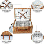 Picnic Basket Set for 2 Persons, Willow Hamper with Large Insulated Cooler Compartment, Waterproof Blanket and Cutlery Service Kit-Classical Brown