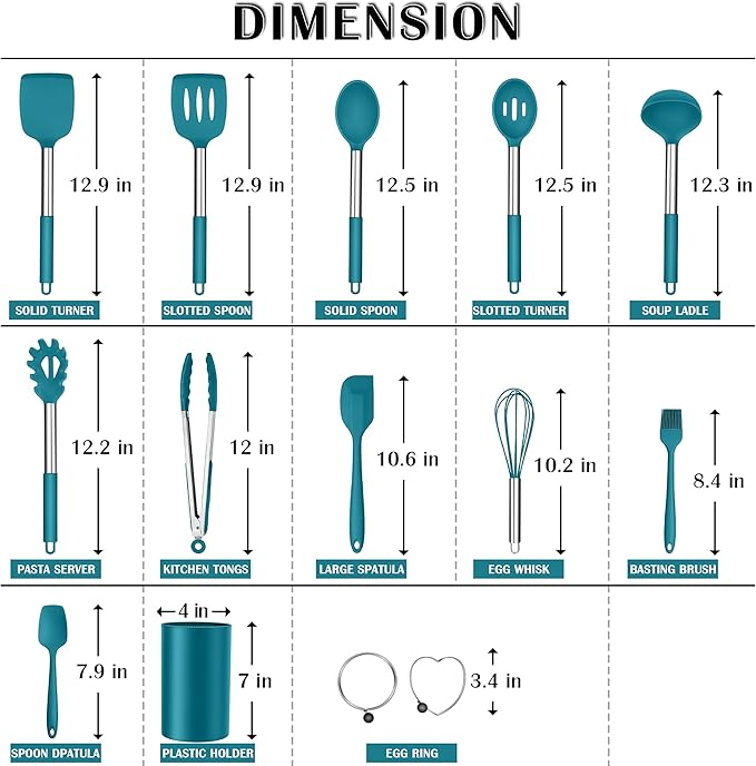 Silicone Cooking Utensils Set, E-far 14-Piece Blue Kitchen Utensils Set with Holder, Kitchen Tools Spatulas with Stainless Steel Handle for Non-stick Cookware, Heat Resistant & Dishwasher safe