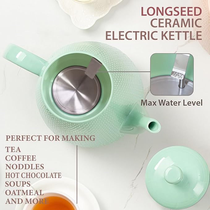 1.2-Liters Ceramic Electric Kettle Pot, 1000W Fast Boil Water For Coffee & Tea, Automatic Shut-Off, Boil Dry Protection, Retro Gooseneck Teapot BPA Free Boiler