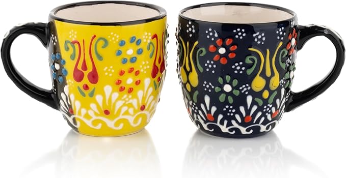 Espresso Cups Set of 2 | 4 oz Small Espresso Cups | Turkish Tea Cups | Demitasse Mugs with Handle | Modern Stackable Ceramic Espresso Mugs Set (Yellow/NavyBlue)