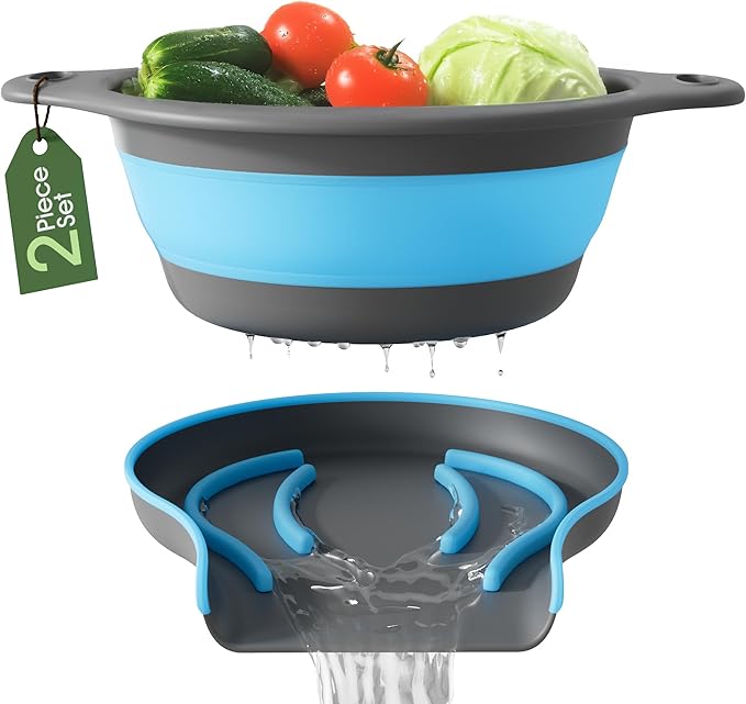 Strainer with Self-Draining Base (5QT) Over-Sink Collapsible Kitchen Colander Set with Side-drain Base for Pasta Vegetables and Fruit, XL Large Capacity, Dishwasher Safe (5-Quart) Blue/Gray